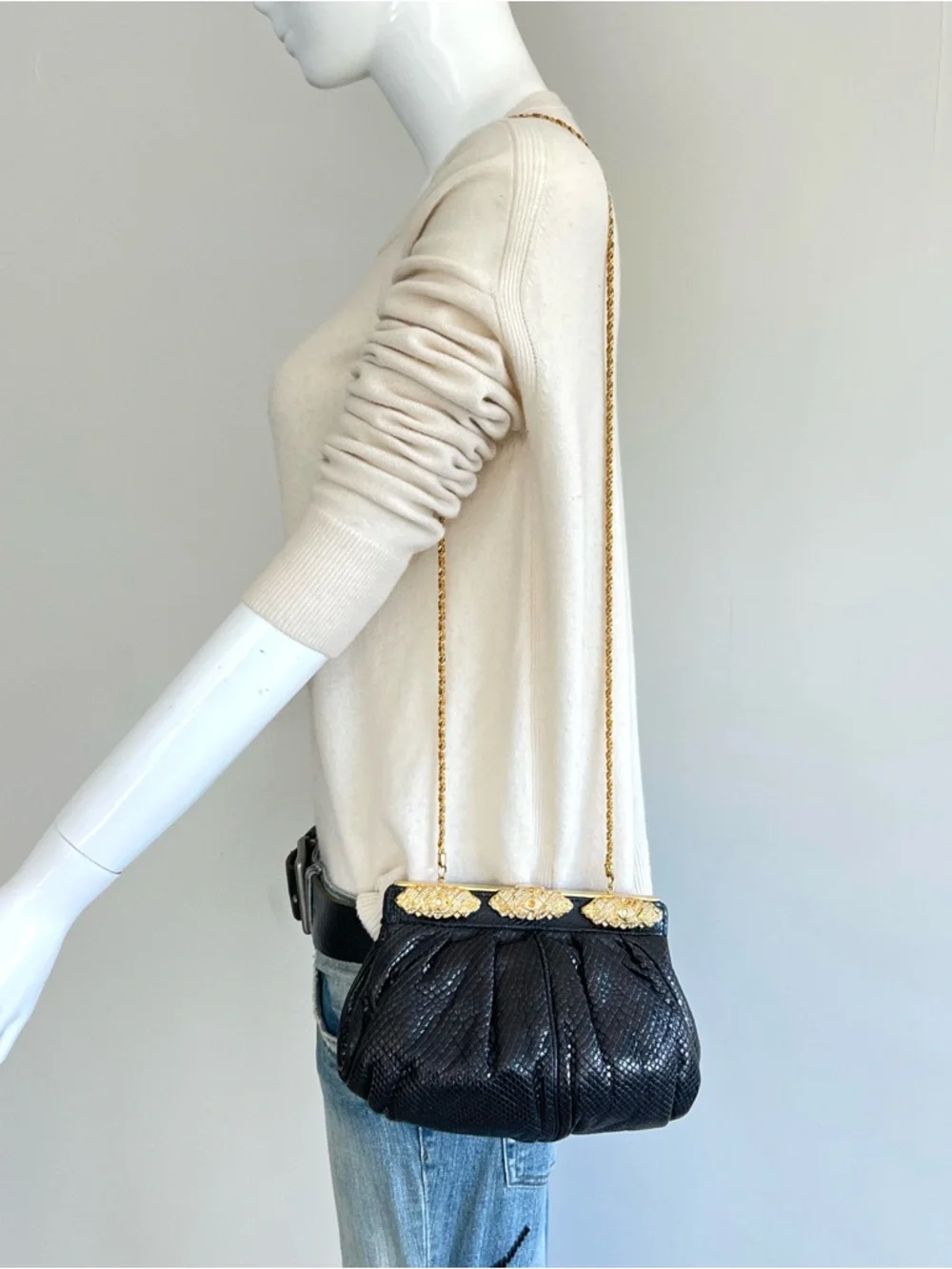CAROL FIORI Italy Vintage Black Snake Leather Rhinestone Cocktail Evening Purse